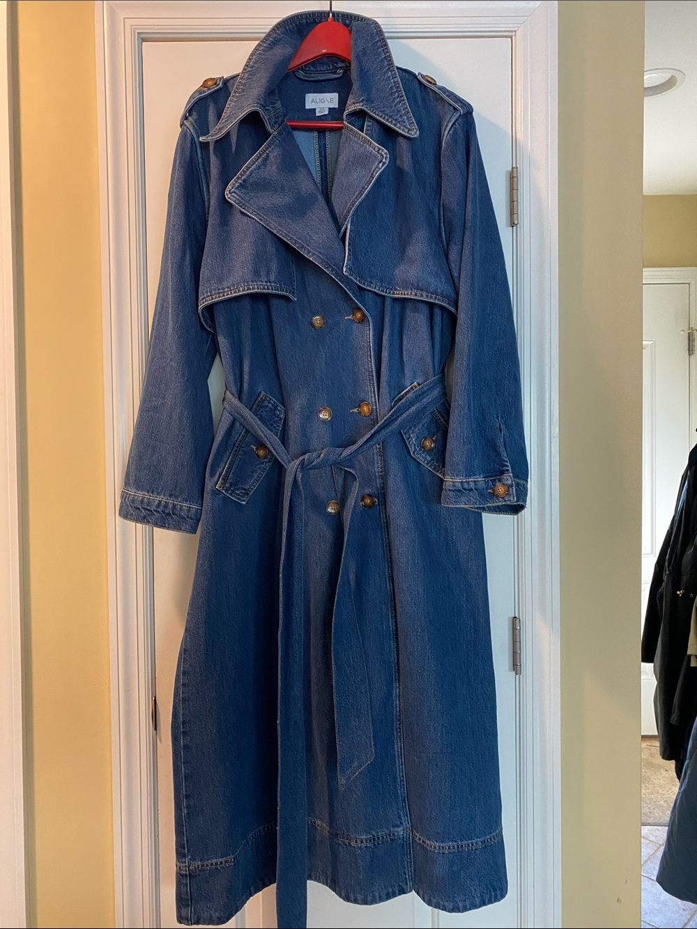 Aligne 💯 Organic Cotton Long Denim Button Down Double Breasted Trench Coat NWOT